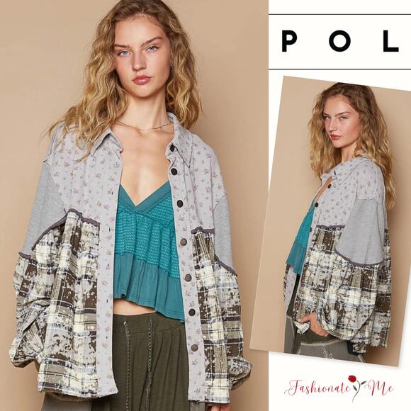 POL Long Balloon Sleeves Floral Pattern Color Block Plaid Shirt | Brown/Grey - Picture 1 of 6